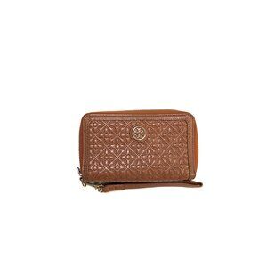 TORY BURCH Wallet Quilted British Tan Leather Phone Purse &  Wallet Wris…
